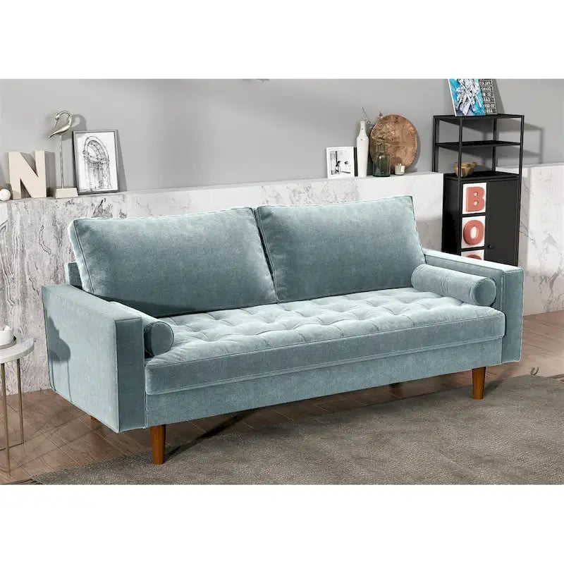 Mid-Century Modern Velvet Tufted 3-Seat Sofa Wood Legs Bolster Pillows