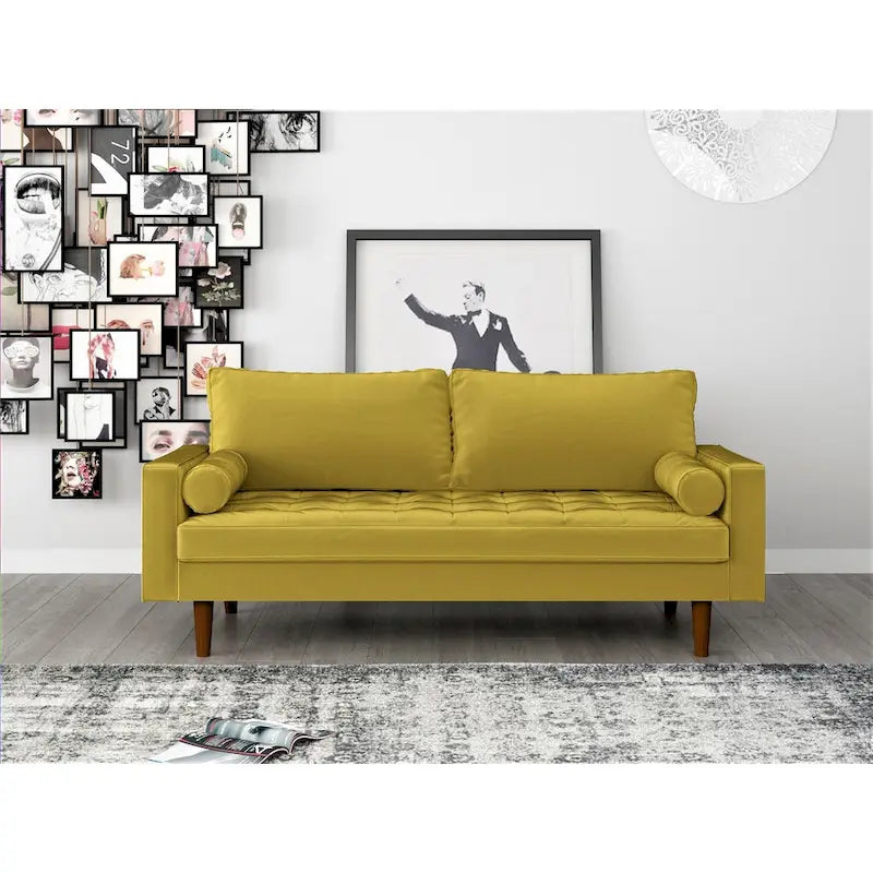 Mid-Century Modern Velvet Tufted 3-Seat Sofa Wood Legs Bolster Pillows
