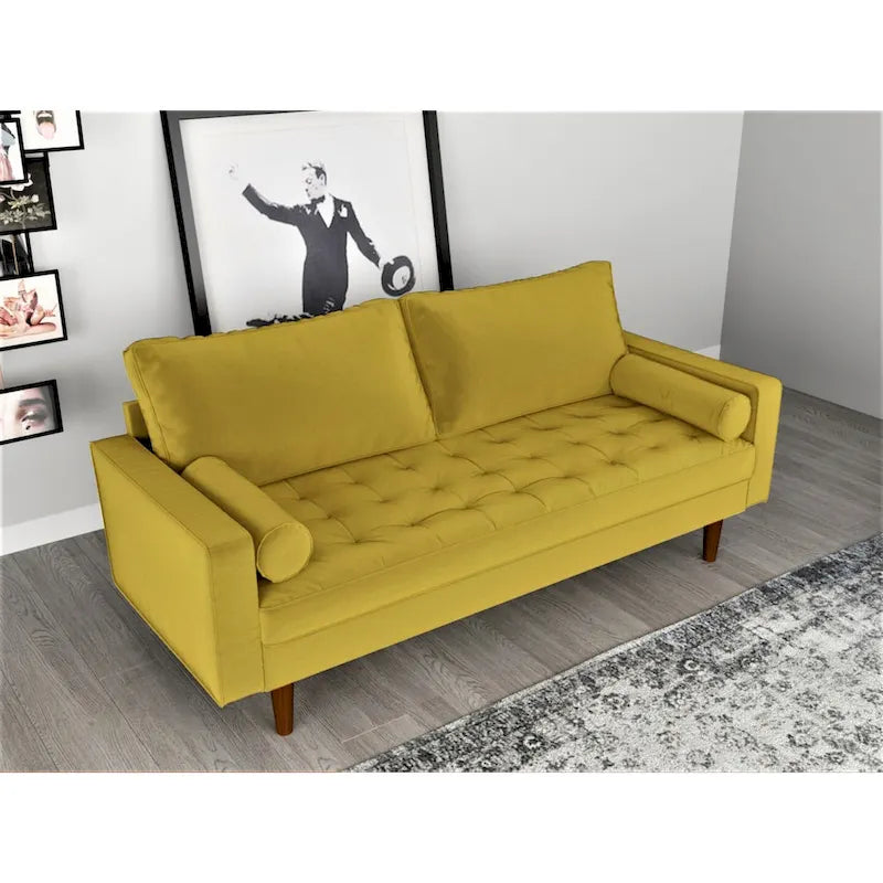 Mid-Century Modern Velvet Tufted 3-Seat Sofa Wood Legs Bolster Pillows