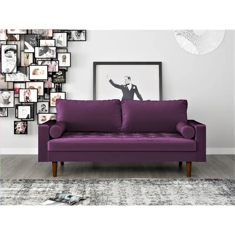Mid-Century Modern Velvet Tufted 3-Seat Sofa Wood Legs Bolster Pillows