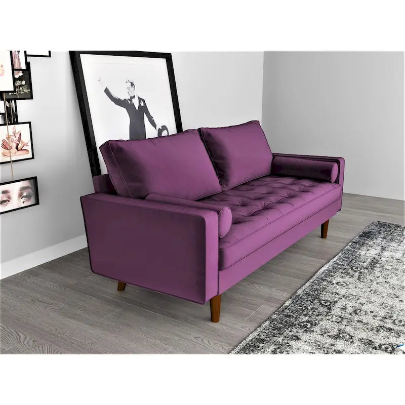 Mid-Century Modern Velvet Tufted 3-Seat Sofa Wood Legs Bolster Pillows
