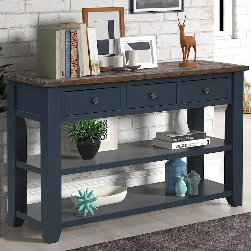 Farmhouse Console Table 3 Drawer 2 Shelf Distressed Wood Top 49 Inch 5 Colors