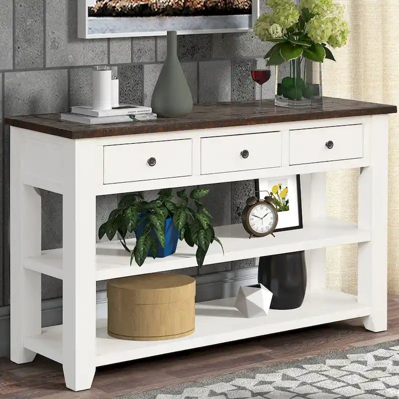 Farmhouse Console Table 3 Drawer 2 Shelf Distressed Wood Top 49 Inch 5 Colors