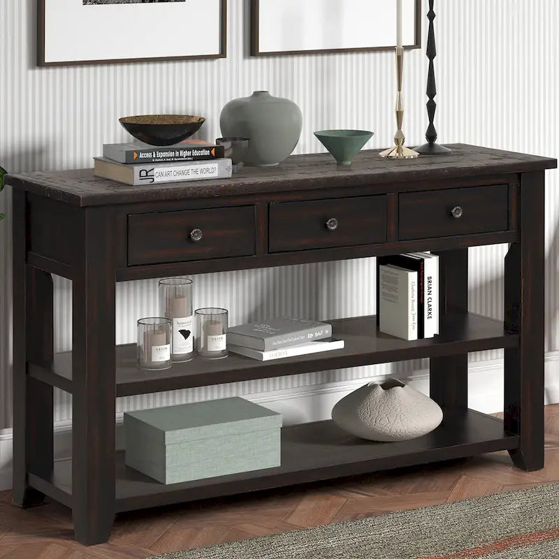 Farmhouse Console Table 3 Drawer 2 Shelf Distressed Wood Top 49 Inch 5 Colors