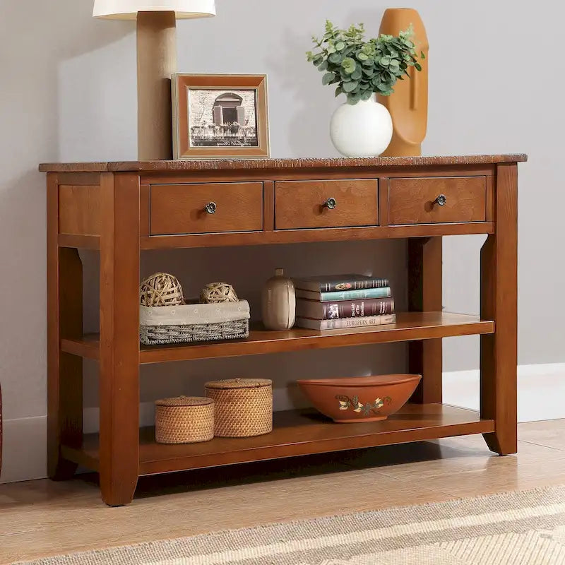 Farmhouse Console Table 3 Drawer 2 Shelf Distressed Wood Top 49 Inch 5 Colors