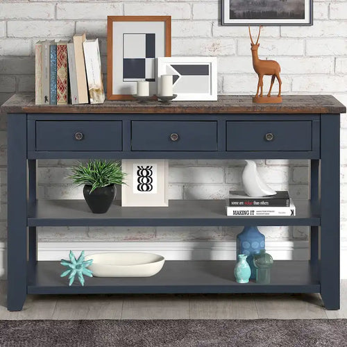 Farmhouse Console Table 3 Drawer 2 Shelf Distressed Wood Top 49 Inch 5 Colors