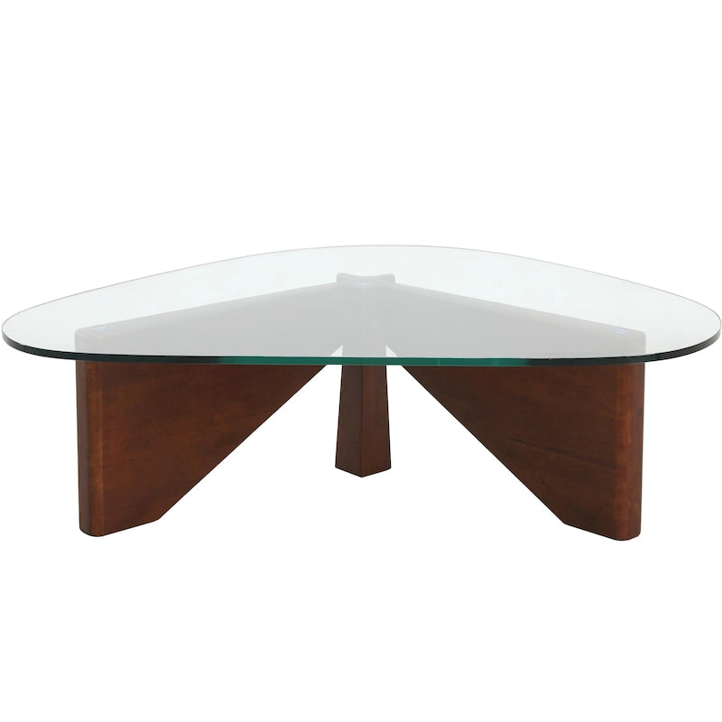 Triangular Glass Top Coffee Table Rubberwood Cross Base Mid-Century Modern