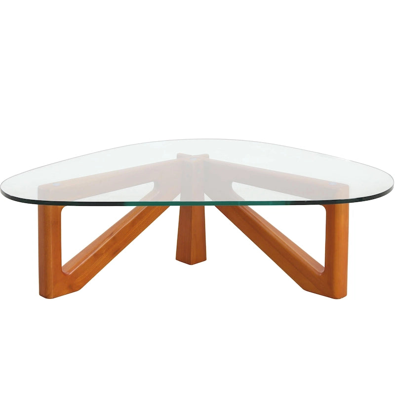 Triangular Glass Top Coffee Table Rubberwood Cross Base Mid-Century Modern