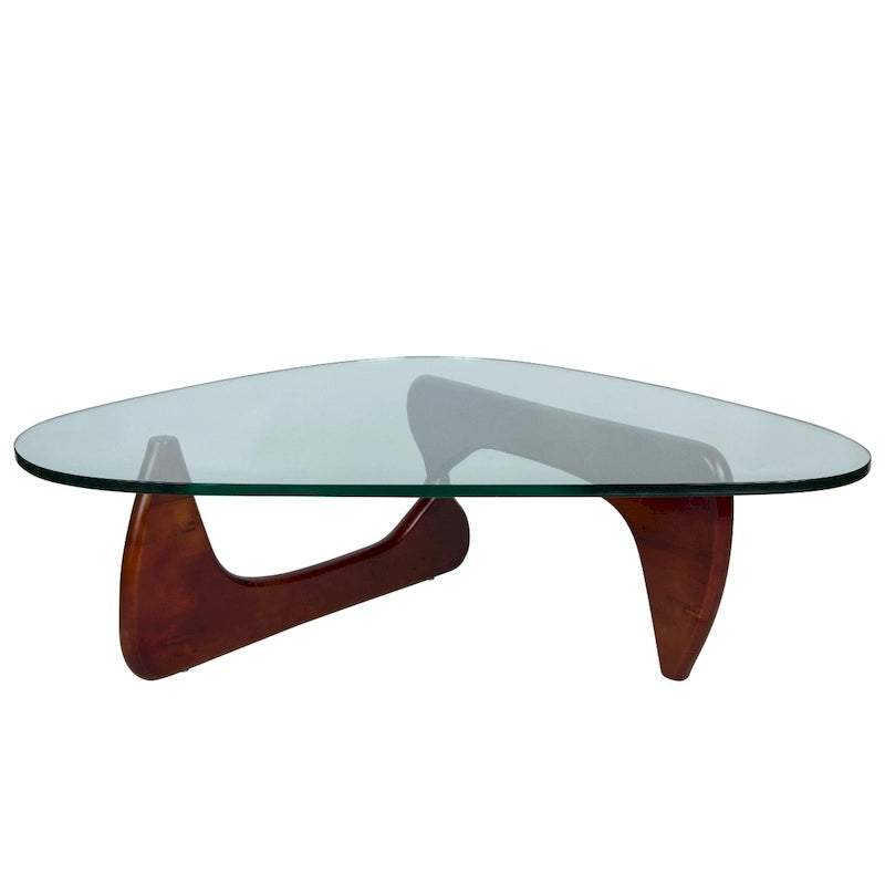 Triangular Glass Top Coffee Table Rubberwood Cross Base Mid-Century Modern
