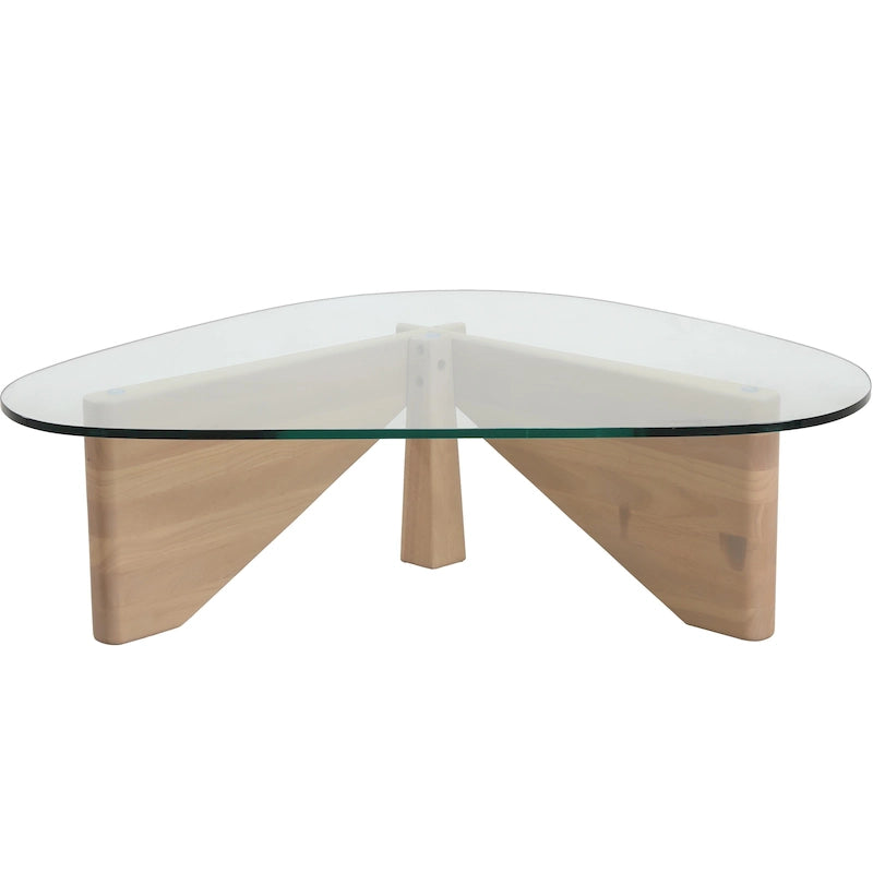 Triangular Glass Top Coffee Table Rubberwood Cross Base Mid-Century Modern