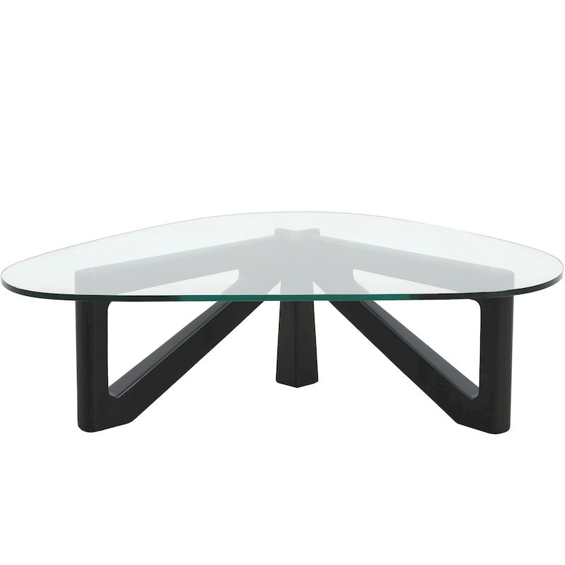 Triangular Glass Top Coffee Table Rubberwood Cross Base Mid-Century Modern