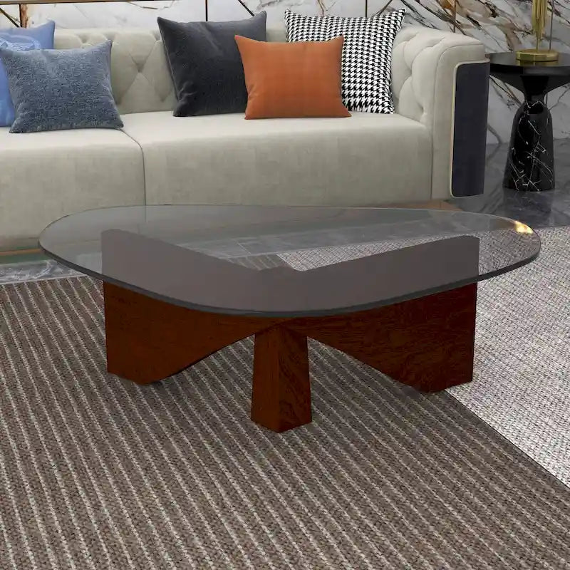 Triangular Glass Top Coffee Table Rubberwood Cross Base Mid-Century Modern