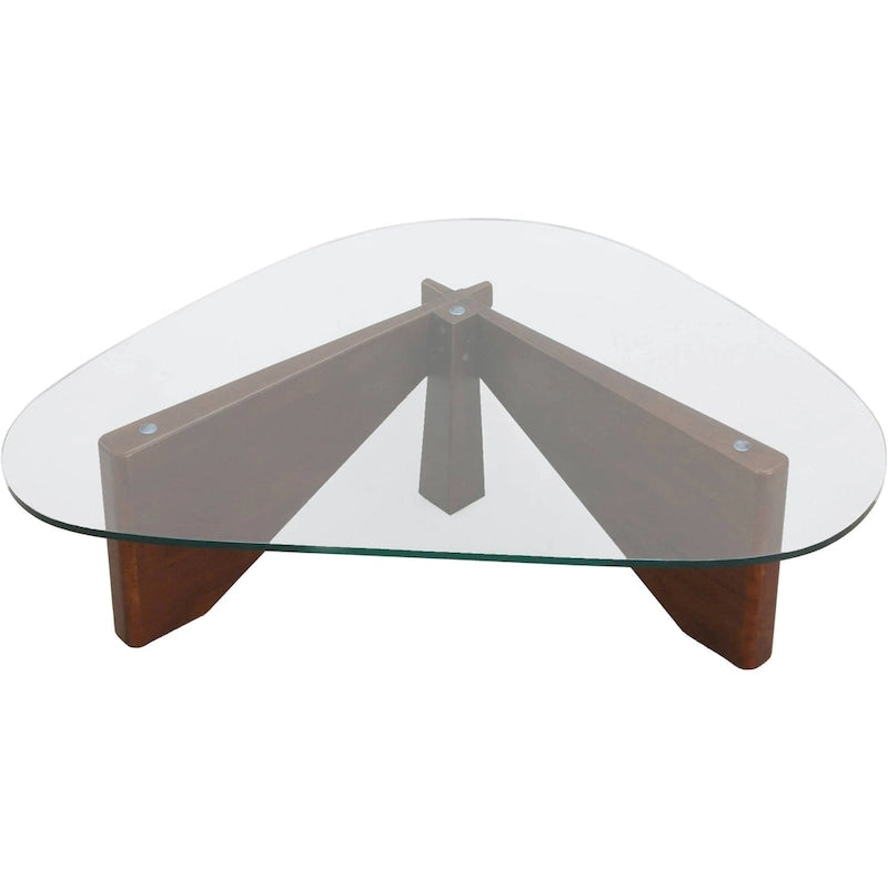 Triangular Glass Top Coffee Table Rubberwood Cross Base Mid-Century Modern