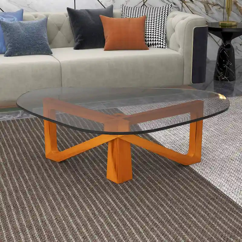 Triangular Glass Top Coffee Table Rubberwood Cross Base Mid-Century Modern