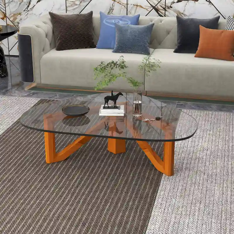 Triangular Glass Top Coffee Table Rubberwood Cross Base Mid-Century Modern