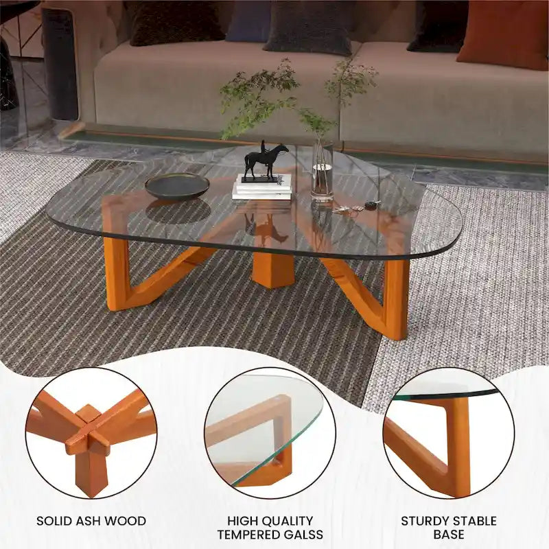 Triangular Glass Top Coffee Table Rubberwood Cross Base Mid-Century Modern
