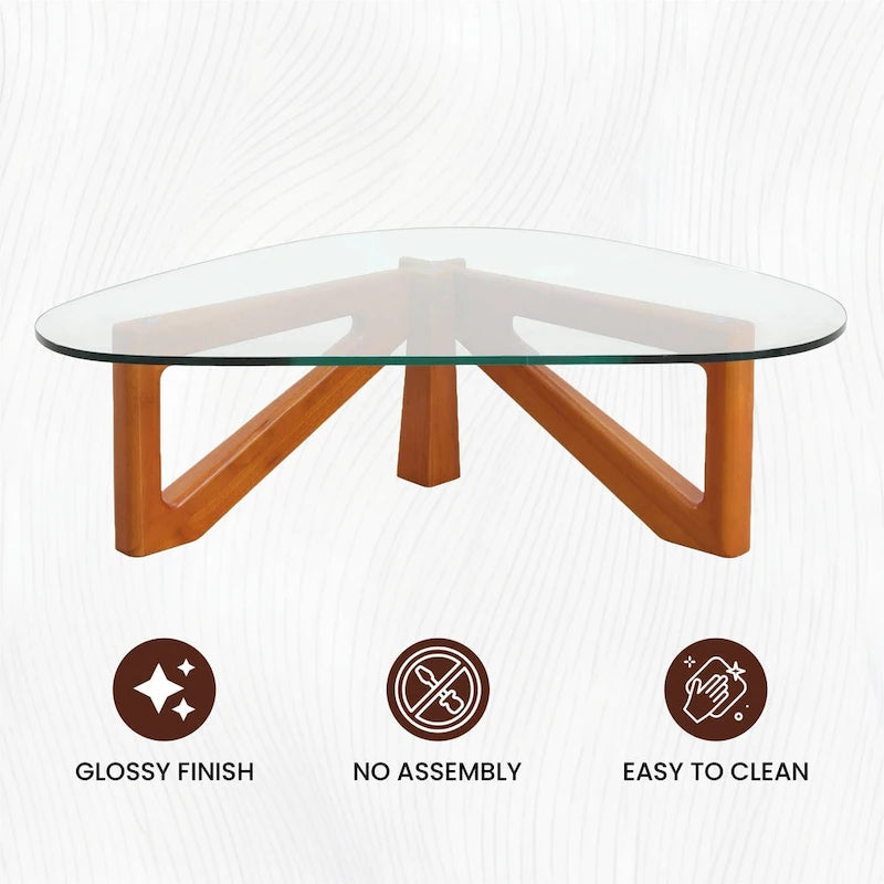 Triangular Glass Top Coffee Table Rubberwood Cross Base Mid-Century Modern