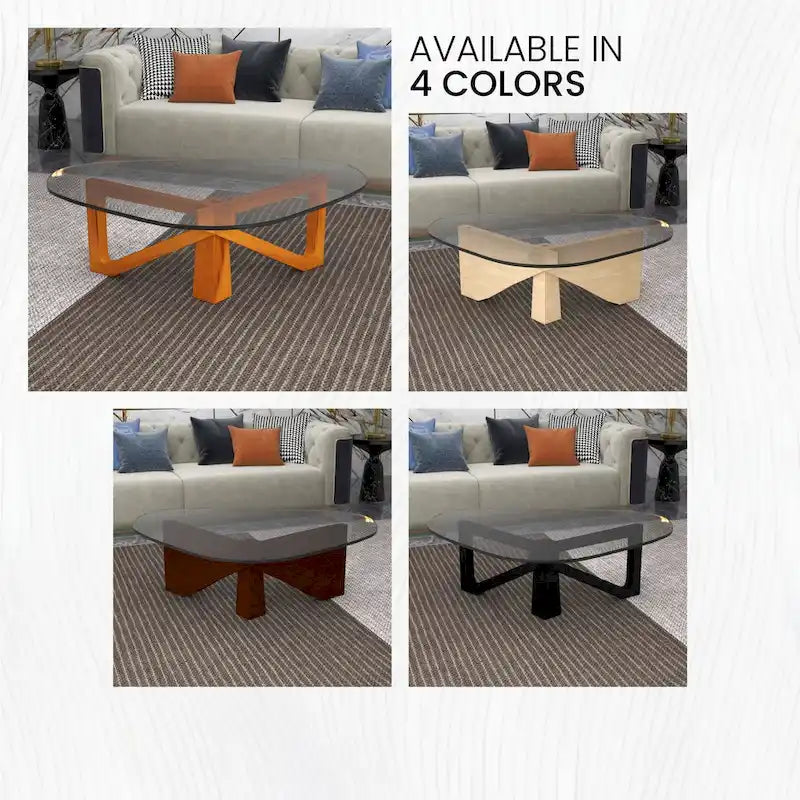 Triangular Glass Top Coffee Table Rubberwood Cross Base Mid-Century Modern