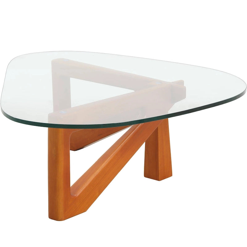 Triangular Glass Top Coffee Table Rubberwood Cross Base Mid-Century Modern