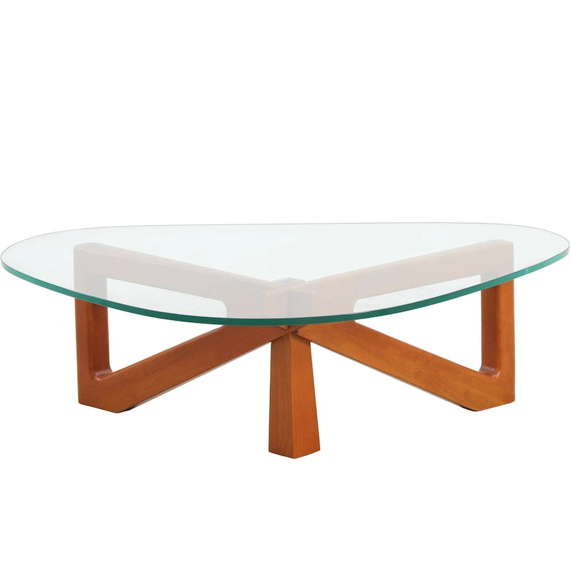 Triangular Glass Top Coffee Table Rubberwood Cross Base Mid-Century Modern