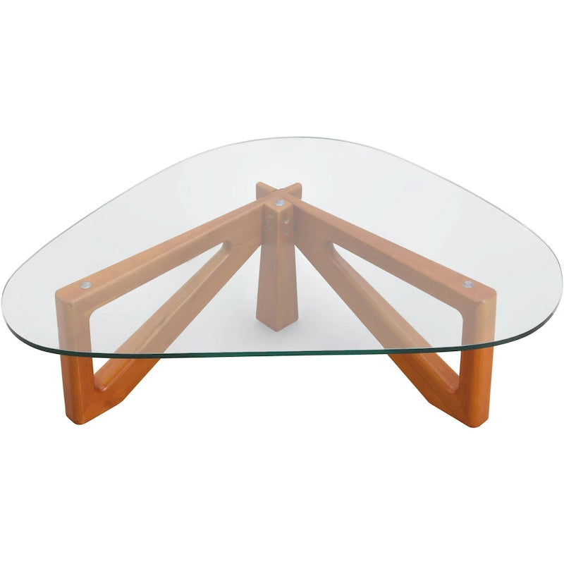 Triangular Glass Top Coffee Table Rubberwood Cross Base Mid-Century Modern