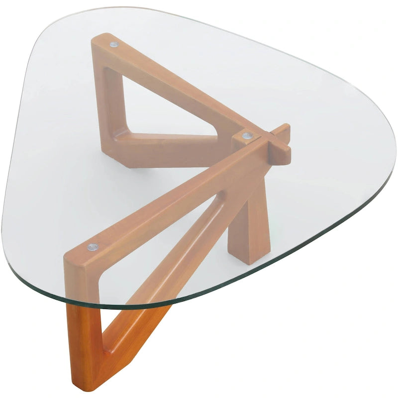 Triangular Glass Top Coffee Table Rubberwood Cross Base Mid-Century Modern