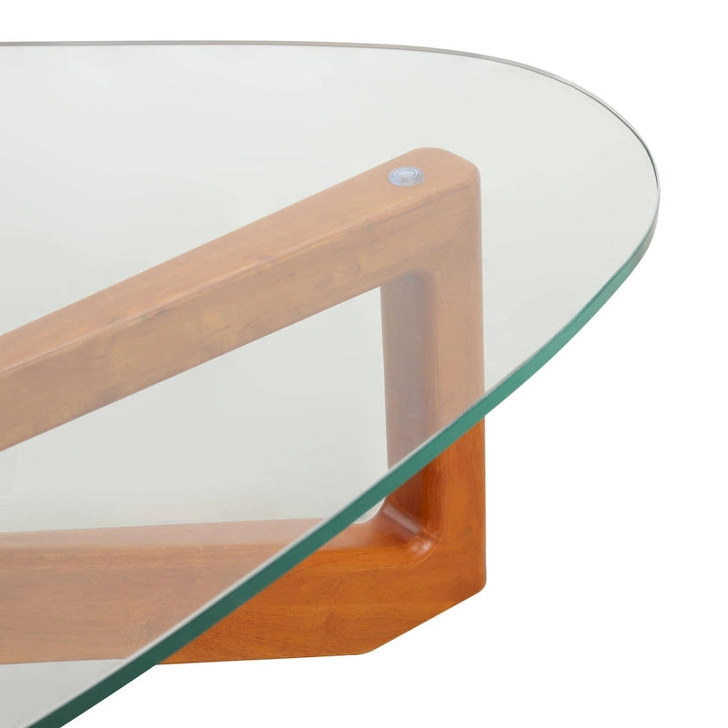 Triangular Glass Top Coffee Table Rubberwood Cross Base Mid-Century Modern