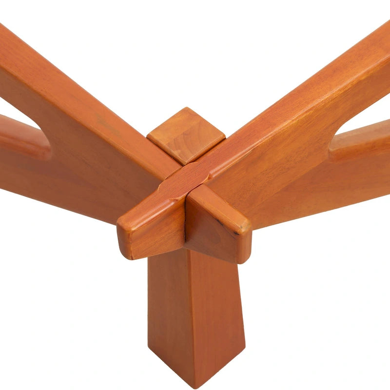 Triangular Glass Top Coffee Table Rubberwood Cross Base Mid-Century Modern