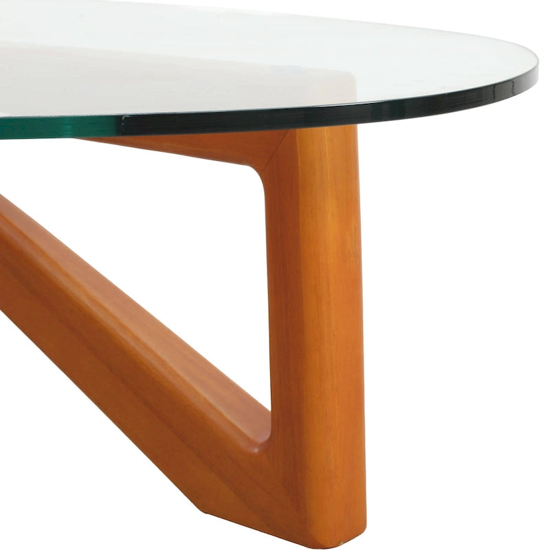 Triangular Glass Top Coffee Table Rubberwood Cross Base Mid-Century Modern