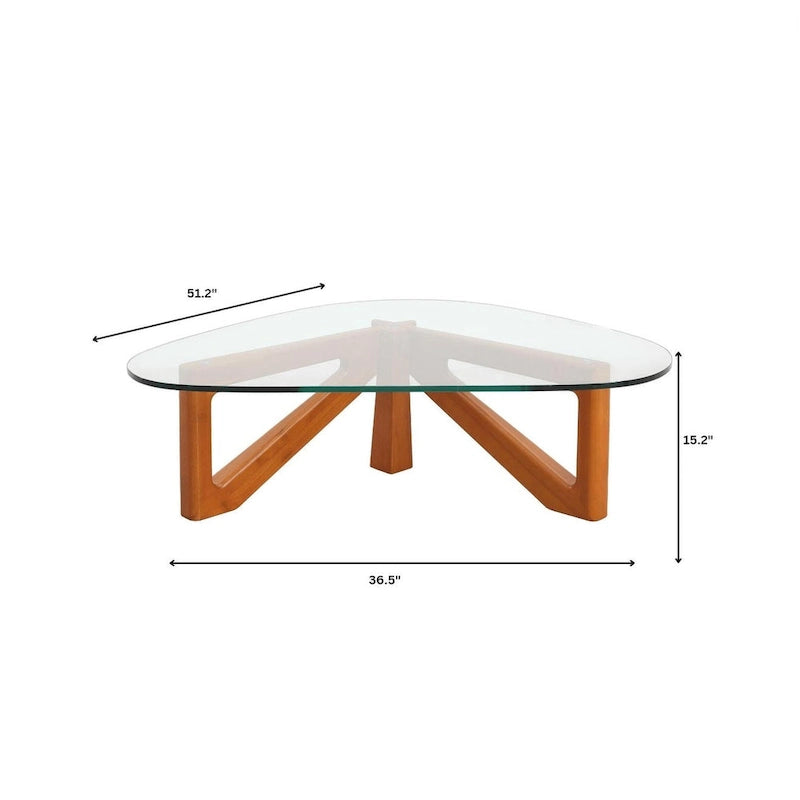 Triangular Glass Top Coffee Table Rubberwood Cross Base Mid-Century Modern