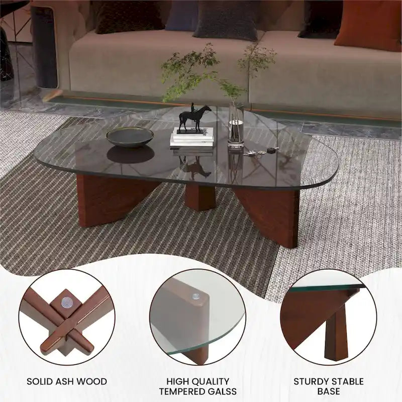 Triangular Glass Top Coffee Table Rubberwood Cross Base Mid-Century Modern