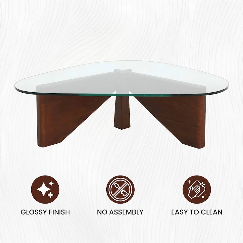 Triangular Glass Top Coffee Table Rubberwood Cross Base Mid-Century Modern