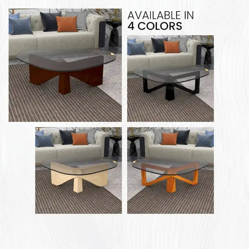 Triangular Glass Top Coffee Table Rubberwood Cross Base Mid-Century Modern