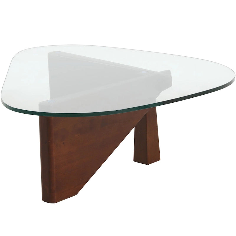 Triangular Glass Top Coffee Table Rubberwood Cross Base Mid-Century Modern