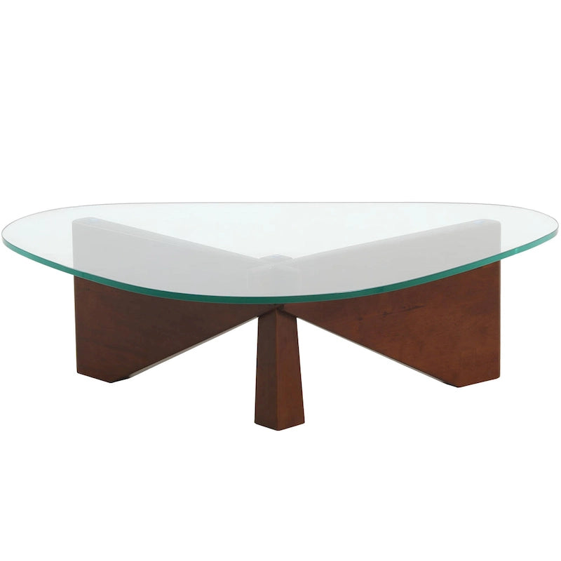 Triangular Glass Top Coffee Table Rubberwood Cross Base Mid-Century Modern