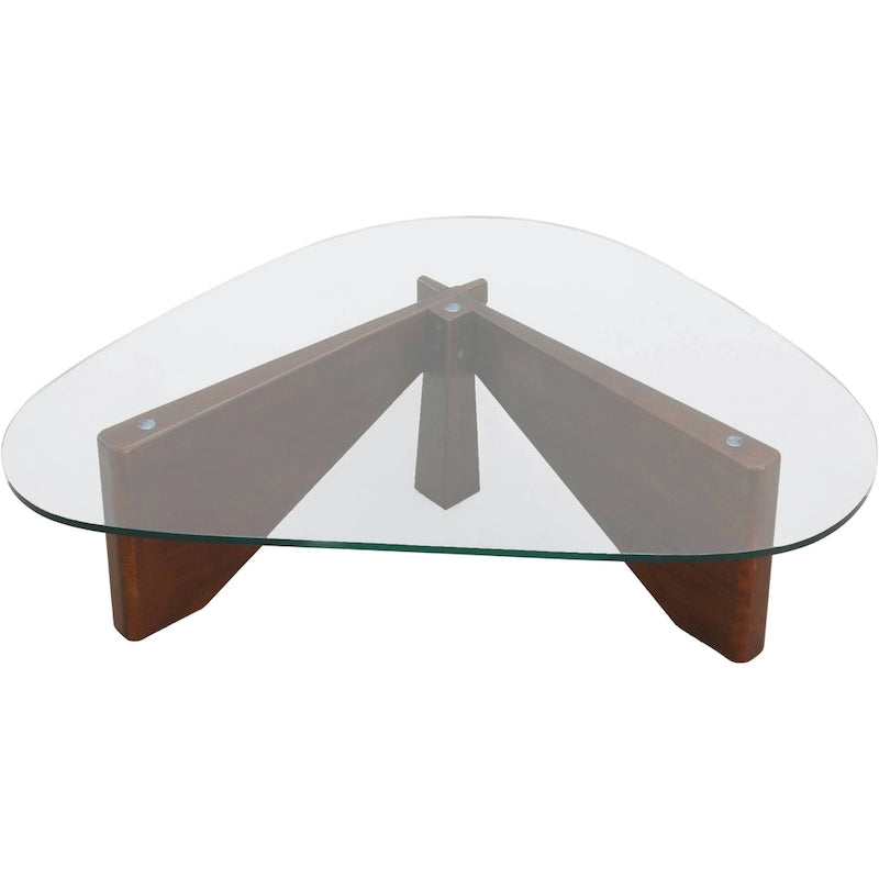 Triangular Glass Top Coffee Table Rubberwood Cross Base Mid-Century Modern