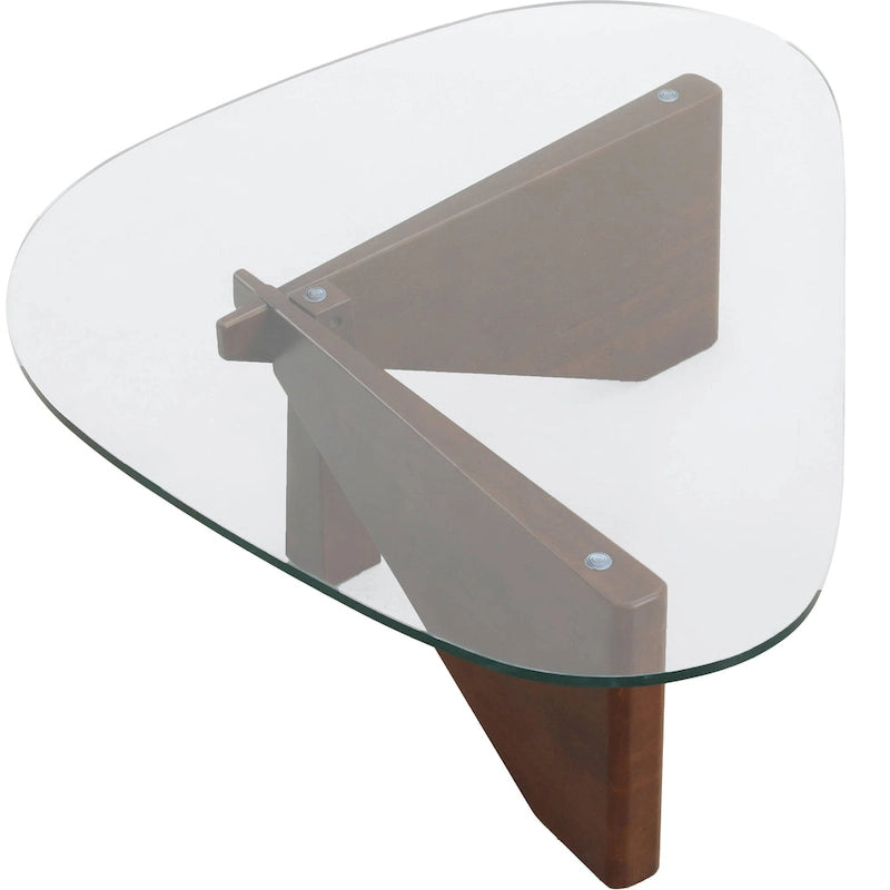 Triangular Glass Top Coffee Table Rubberwood Cross Base Mid-Century Modern