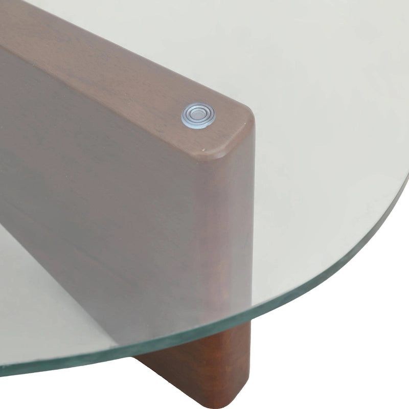 Triangular Glass Top Coffee Table Rubberwood Cross Base Mid-Century Modern