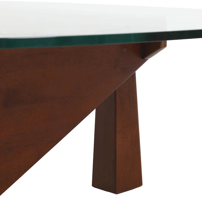 Triangular Glass Top Coffee Table Rubberwood Cross Base Mid-Century Modern