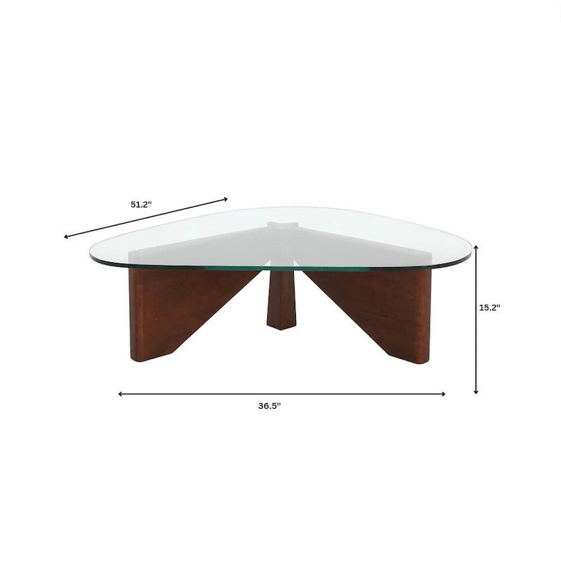 Triangular Glass Top Coffee Table Rubberwood Cross Base Mid-Century Modern