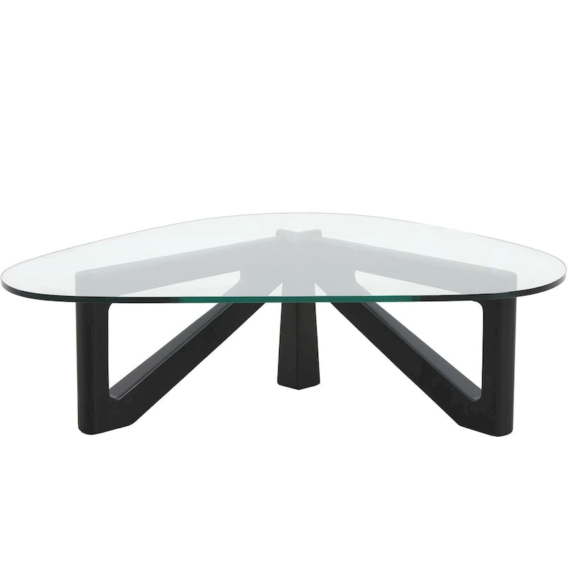 Triangular Glass Top Coffee Table Rubberwood Cross Base Mid-Century Modern