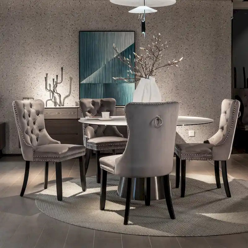 Velvet Upholstered Dining Chair Tufted High Back Solid Wood Legs Nailhead Trim