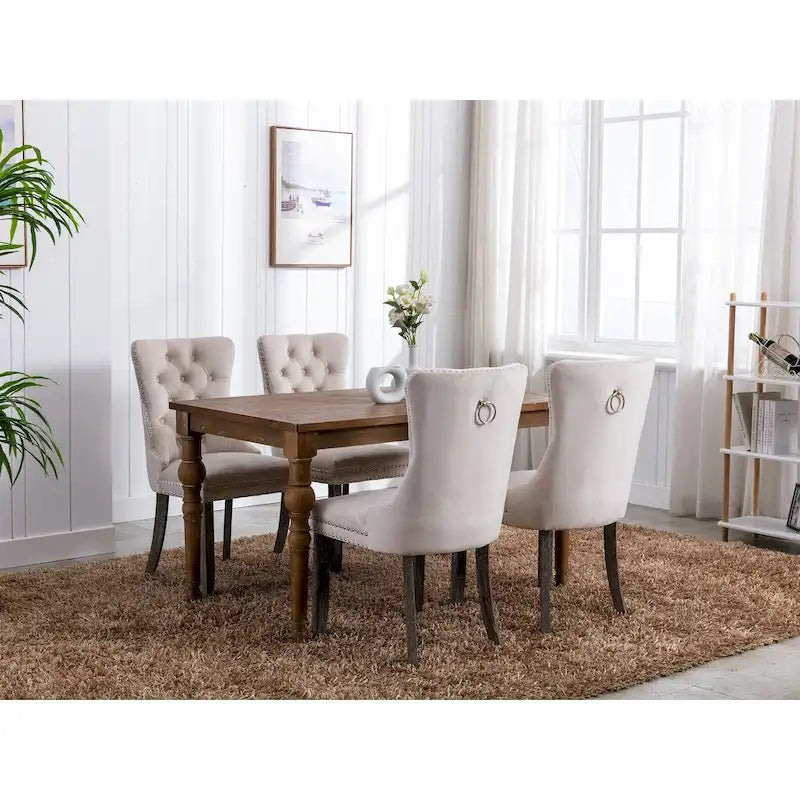 Velvet Upholstered Dining Chair Tufted High Back Solid Wood Legs Nailhead Trim
