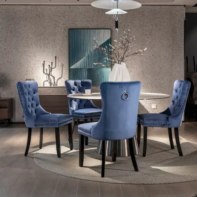 Velvet Upholstered Dining Chair Tufted High Back Solid Wood Legs Nailhead Trim