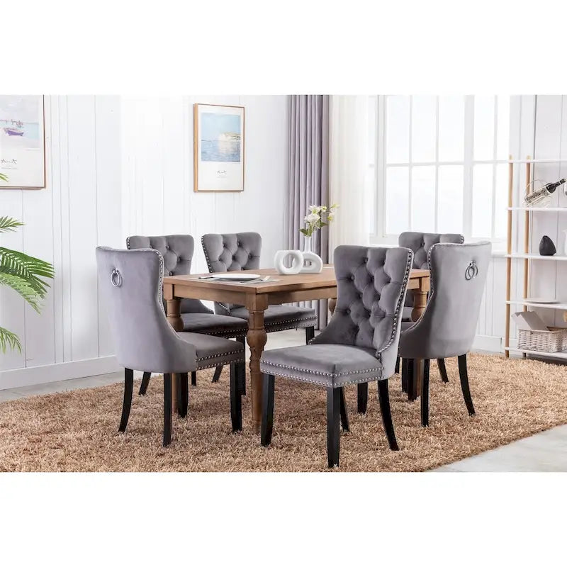 Velvet Upholstered Dining Chair Tufted High Back Solid Wood Legs Nailhead Trim