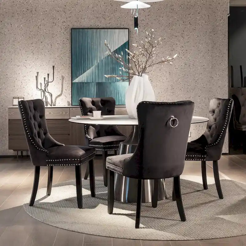 Velvet Upholstered Dining Chair Tufted High Back Solid Wood Legs Nailhead Trim