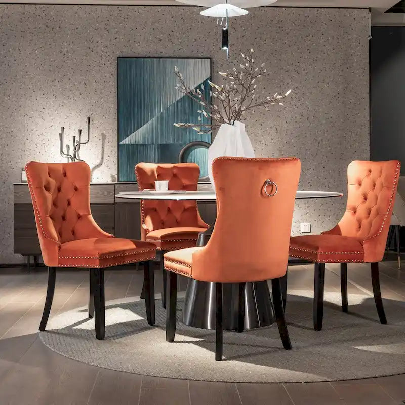 Velvet Upholstered Dining Chair Tufted High Back Solid Wood Legs Nailhead Trim