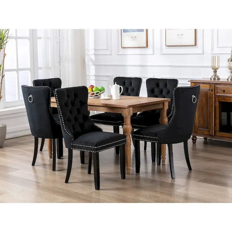 Velvet Upholstered Dining Chair Tufted High Back Solid Wood Legs Nailhead Trim
