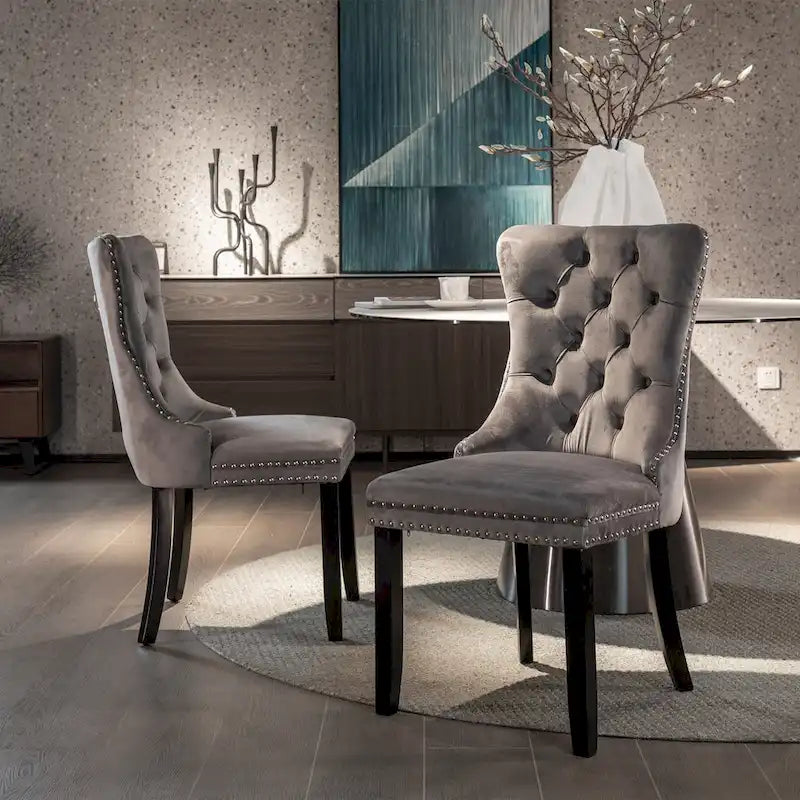 Velvet Upholstered Dining Chair Tufted High Back Solid Wood Legs Nailhead Trim
