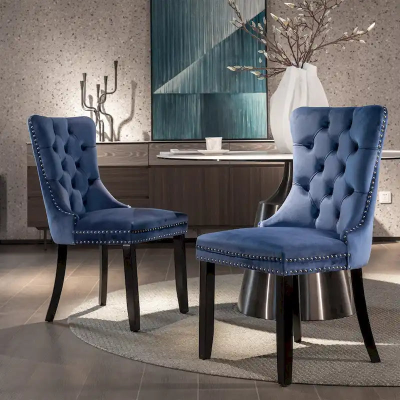 Velvet Upholstered Dining Chair Tufted High Back Solid Wood Legs Nailhead Trim